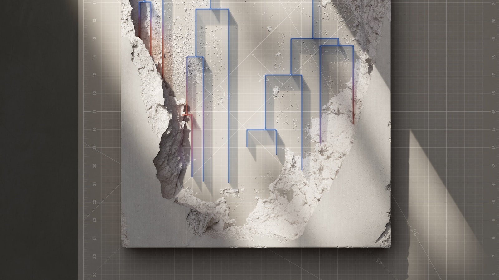 Blue line patterns layered over a fractured white sculpture