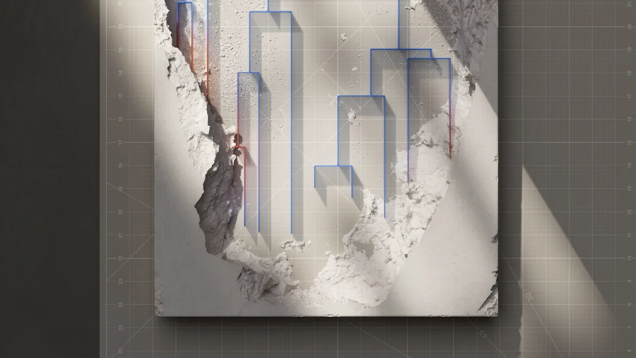 Blue line patterns layered over a fractured white sculpture